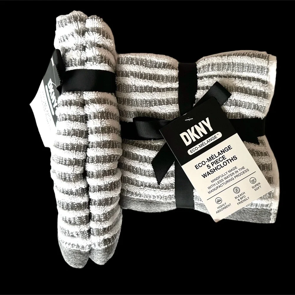 DKNY Eco-Melange 7 pc Towels Set Gray & White Stripes SUSTAINABLY MADE